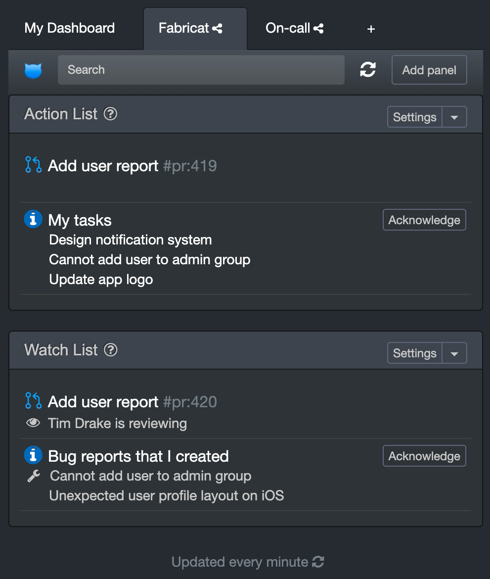 Dashboard with work on items